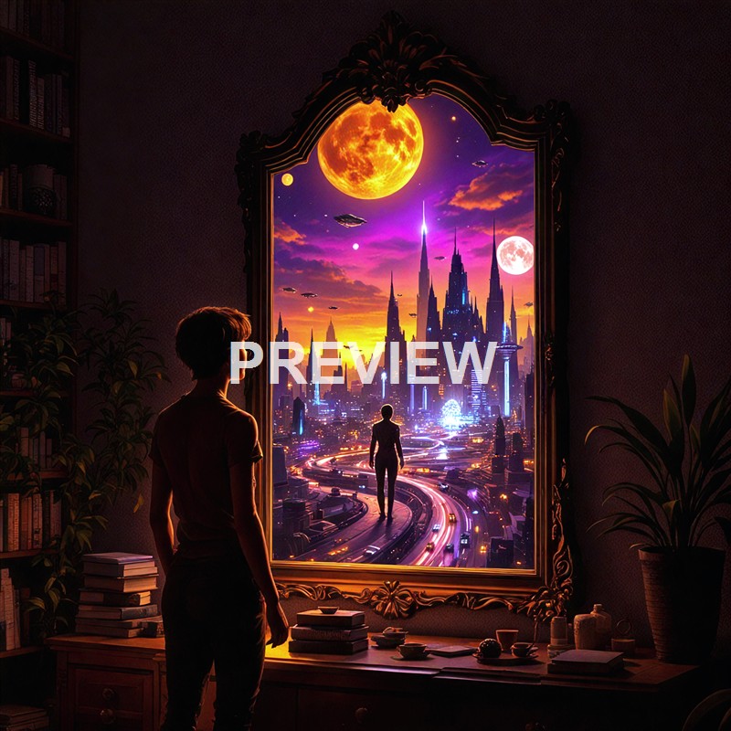 A person standing inside a room, looking out through a large ornate window at a futuristic cityscape with towering skyscrapers, vibrant sunset colors, multiple moons, and flying spacecraft, creating a science fiction scene.